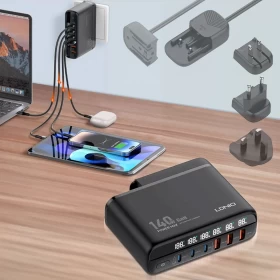 شاحن LDNIO A6140C GaN متعدد المنافذ بقدرة 140 واط للشحن السريع