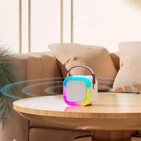 ميكروفون كاريوكي لاسلكي قابل لإعادة الشحن مع سماعة بلوتوث وإضاءة LED